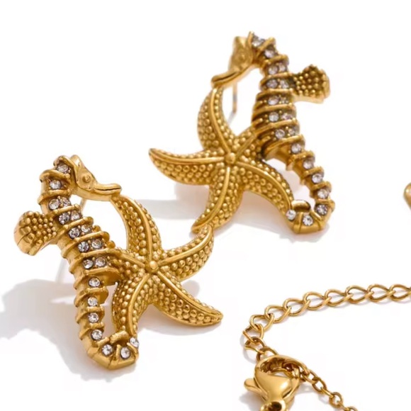 Seahorse Starfish Crystal 18K Gold Stainless Steel Waterproof Earrings - Picture 7 of 11